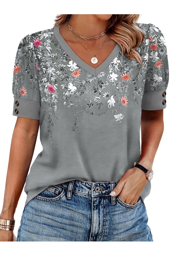 Womens Tops Vneck Puff Sleeve Buttons Summer Ladies Shirts Plus Size Blouses Dressy Casual Spring Outfits