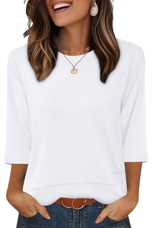 Womens Tunic Tops 3/4 Length Sleeve Blouses for Spring Summer Business Casual Side Slit Crewneck Outfits