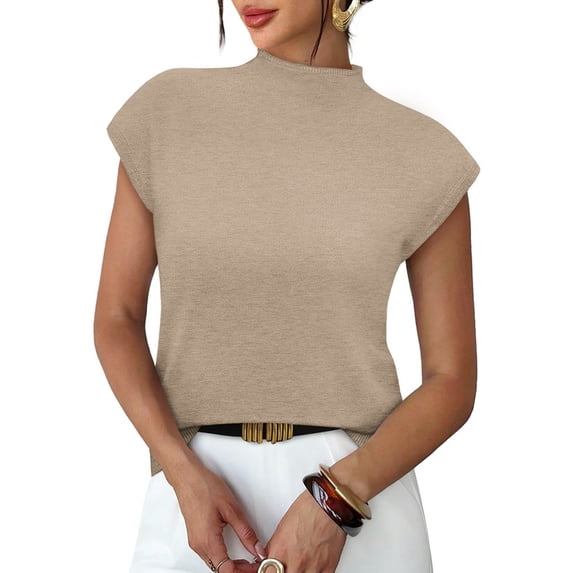 WIHOLLWomens Short Sleeve Sweater Mock Neck Summer Top Dressy Casual Basic Knit Pullover Shirt Beige Tops