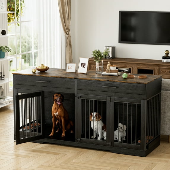 WIILAYOK 72.05" Dog Crate Furniture, Wooden Dog Kennel with 2 Drawers and 4 Dog Bowls, Heavy Duty Indoor Furniture Style Dog Cage House(Black Brown)