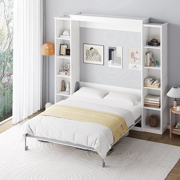 WIILAYOK Full Size Murphy Bed Cabinet in White with 5-Tier Storage Shelves, Foldable Platform Bed Wall Cabinet Bedframe for Small Space, Bedroom, Guest Room