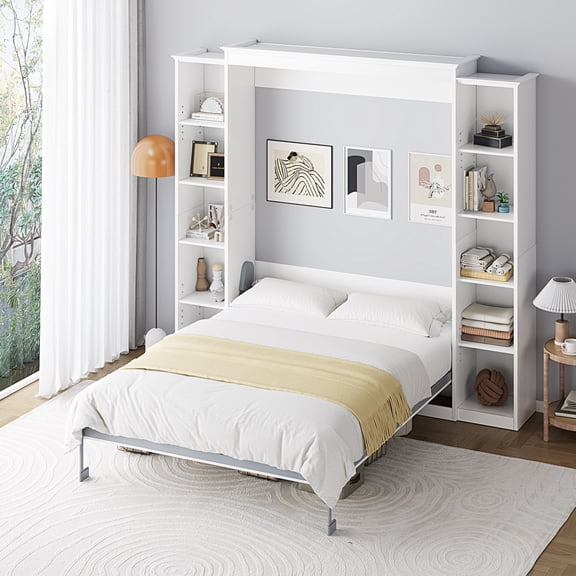 WIILAYOK Full Size Murphy Bed Cabinet in White with 5-Tier Storage Shelves, Foldable Platform Bed Wall Cabinet Bedframe for Small Space, Bedroom, Guest Room