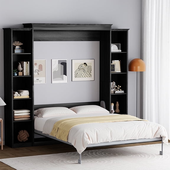 WIILAYOK Queen Size Murphy Bed Cabinet in Black with 5-Tier Storage Shelves, Foldable Platform Bed Wall Cabinet Bedframe for Small Space, Bedroom, Guest Room
