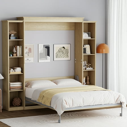 WIILAYOK Queen Size Murphy Bed Cabinet in Natural with 5-Tier Storage Shelves, Foldable Platform Bed Wall Cabinet Bedframe for Small Space, Bedroom, Guest Room