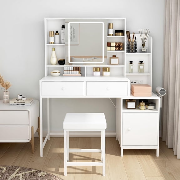 WIIS' IDEA Vanity Desk With Sliding LED Lighted Mirror 3 Lighting Modes 46.5" White
