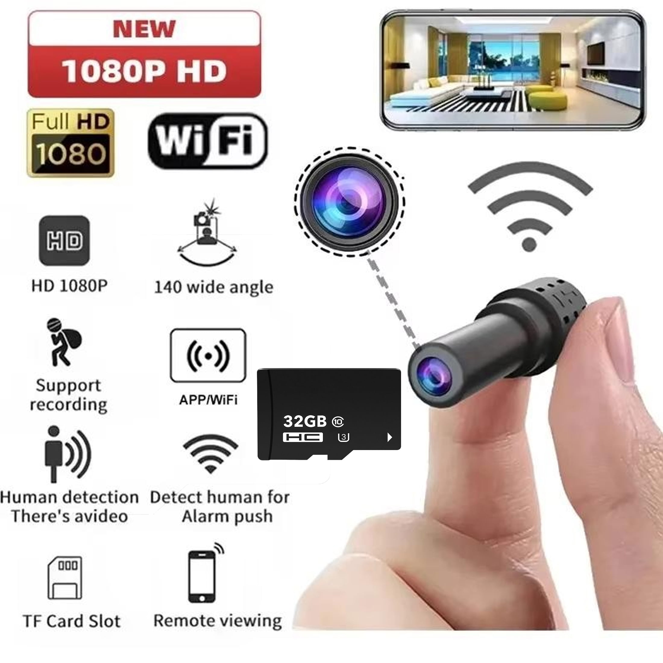 WIKCOVER 1080P HD Mini Camera with 32GB SD Card Motion Detection Night Vision Wireless Security Camera for Baby Pet Elder Care