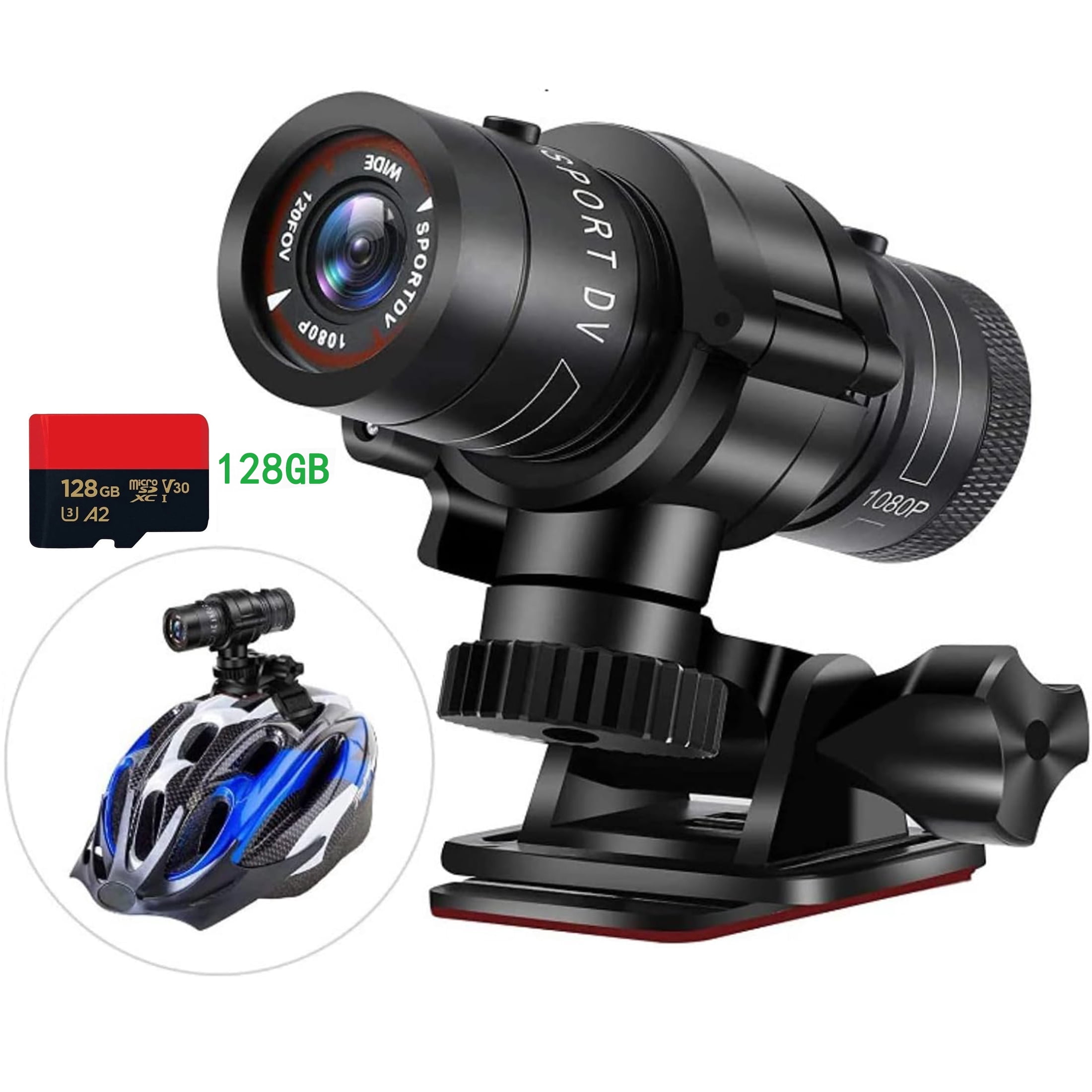 WIKCOVER Motorcycle Helmet Camera with 128GB SD Card, Full HD 1080p Bike Action Camera, 120° Wide-Angle Video, Waterproof Handlebar Mount