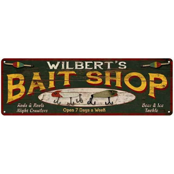 WILBERT'S Bait Shop Sign Wood Look Man Cave Den Gift 6x18 Metal 106180024405