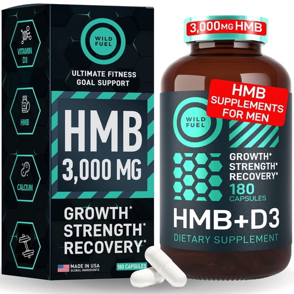 WILD FUEL 3,000mg HMB Supplement Plus Vitamin D3 - Muscle Growth, Strength, Fast Workout Recovery HMB Supplements for Men and Women - Calcium Beta-Hydroxy Beta-Methylbutyrate - 180 Capsules
