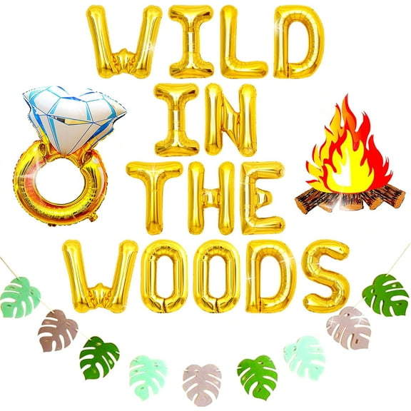 WILD Forest Party Decor Set - Gold Aluminum Foil Balloons + Flame Leaf Hangers for a Wild Carnival Themed Decoration