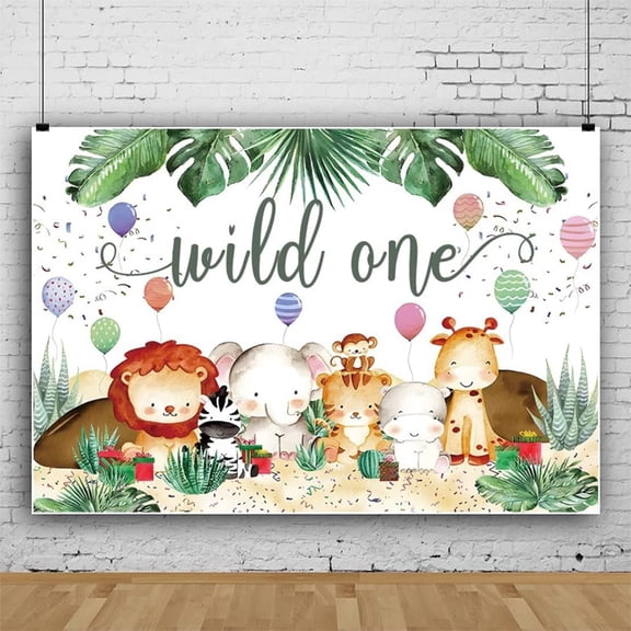 WILD ONE Backdrop Cartoon Zoo Animal Photography Background Lion Elephant Hippo Photography Backdrop Monstera Green Leaves Background Baby Shower Decor