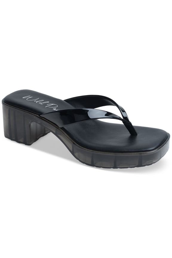 Womens Black 1" Platform Padded Apolo Square Toe Block Heel Slip On Dress Heeled Thong Sandals 7 M