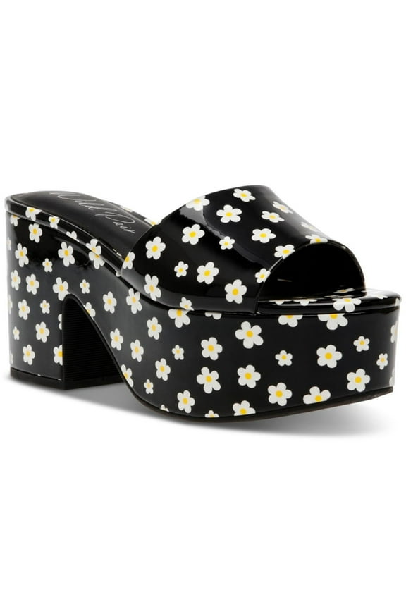 Womens Black Floral 2" Platform Slip Resistant Goring Cushioned Melborne Round Toe Block Heel Slip On Heeled Sandal 9.5 M
