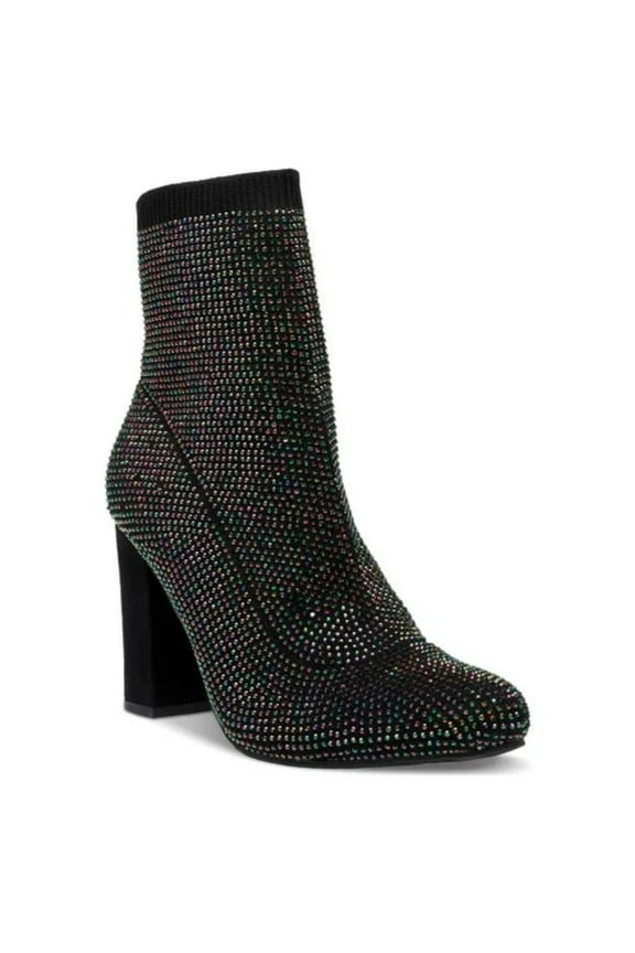 Womens Black Sock Cushioned Rhinestone Stretch Baybe Pointed Toe Block Heel Dress Booties 6 M