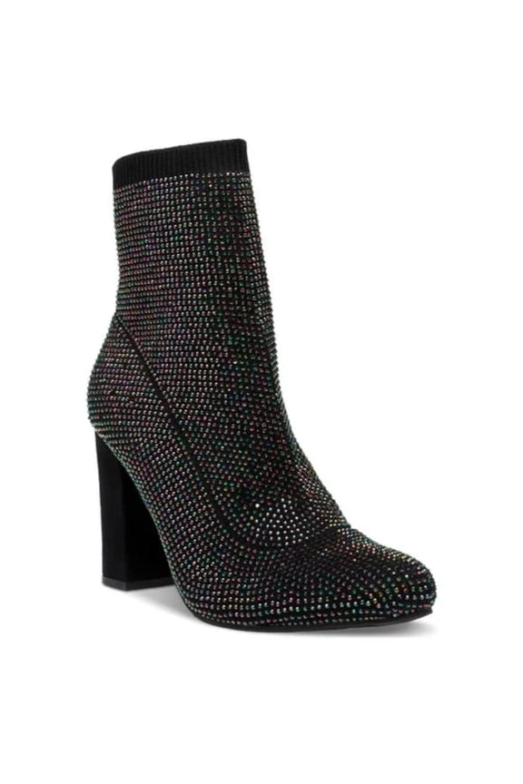 Womens Black Sock Cushioned Rhinestone Stretch Baybe Pointed Toe Block Heel Dress Booties 7.5 M