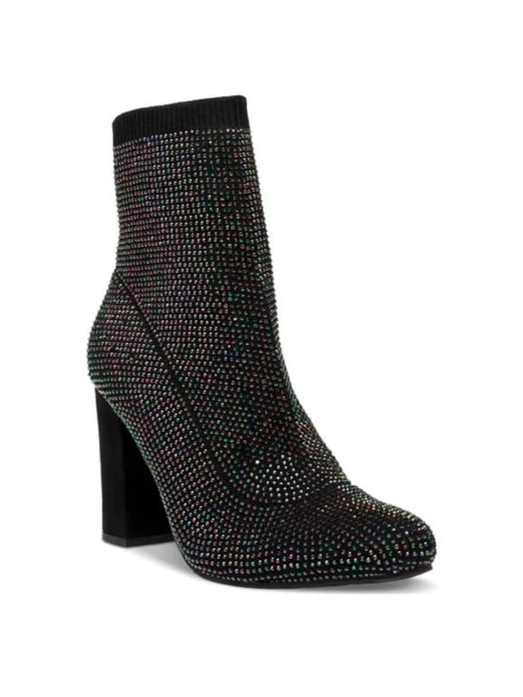 Womens Black Sock Cushioned Rhinestone Stretch Baybe Pointed Toe Block Heel Dress Booties 7.5 M