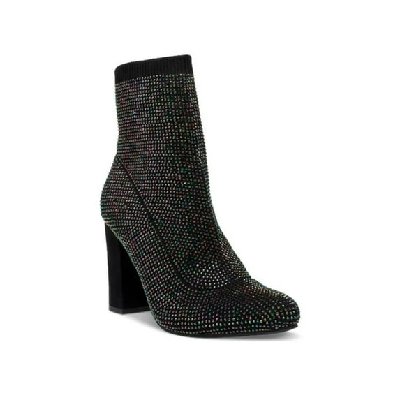 WILD PAIR Womens Black Sock Cushioned Rhinestone Stretch Baybe Pointed Toe Block Heel Dress Booties 7 M