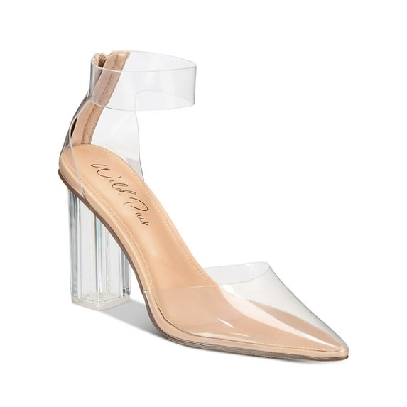 WILD PAIR Womens Clear Translucent Ankle Strap Padded Dellie Pointed Toe Block Heel Zip-Up Dress Pumps Shoes 6.5 M