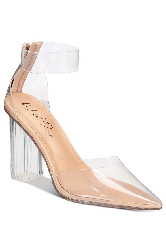 Womens Clear Translucent Ankle Strap Padded Dellie Pointed Toe Block Heel Zip-Up Dress Pumps Shoes 8 M