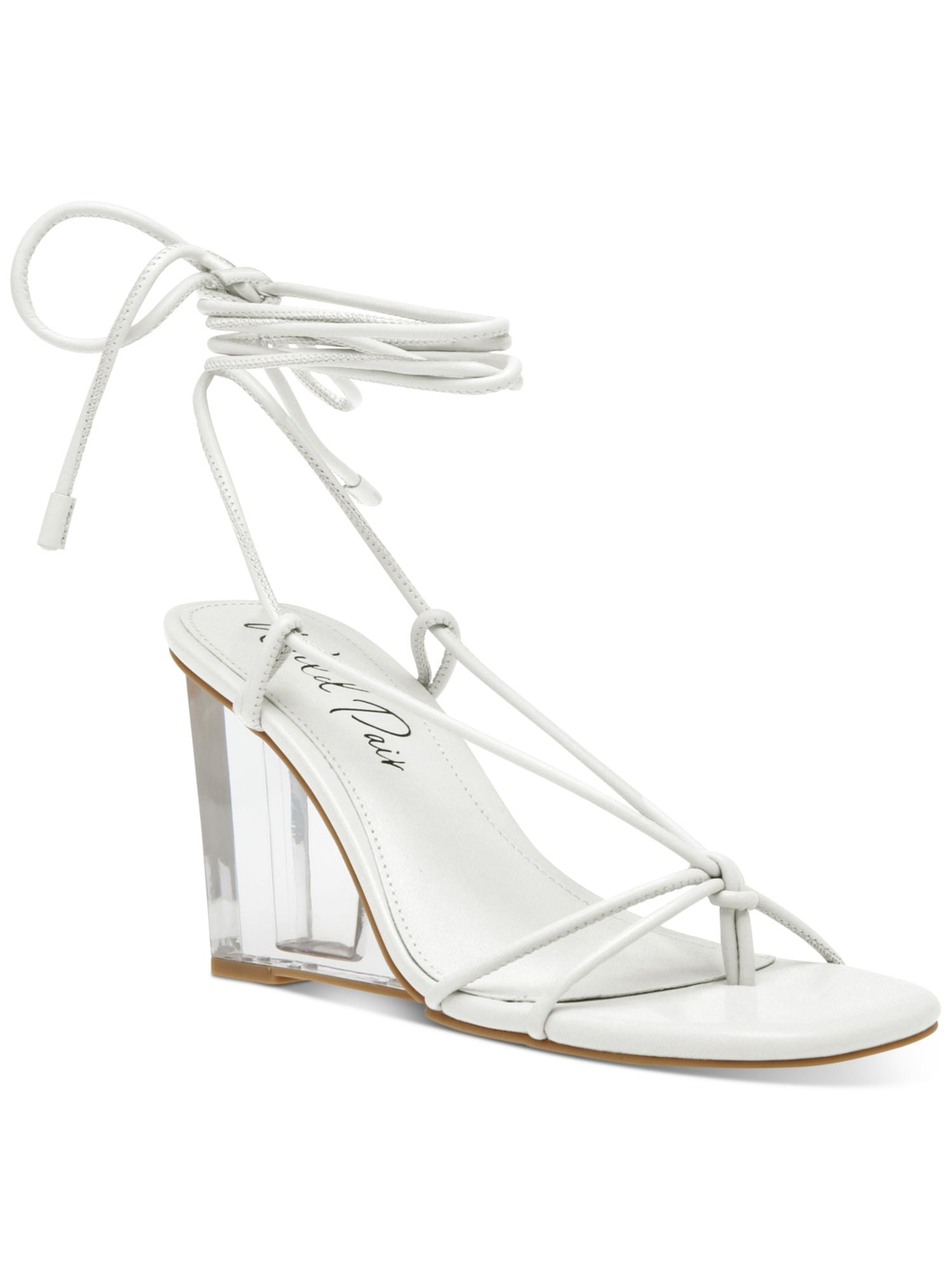 WILD PAIR Womens Nude White Slip Resistant Cushioned Strappy Santeago Square Toe Wedge Lace Up Dress Heeled Thong Sandals 8.5 M Walmart