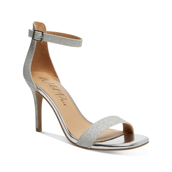 WILD PAIR Womens Silver Glitter Metallic Padded Ankle Strap Slip Resistant Bethie Square Toe Stiletto Buckle Dress Heeled Sandal 9.5