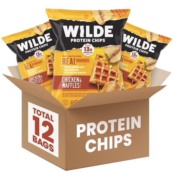 WILDE Protein Chips Chicken & Waffles, High Protein Snacks for Adults, Keto Chips, Gluten Free, Low Carb Snack Box Made with Real Ingredients 1.34oz Bags, Pack of 12