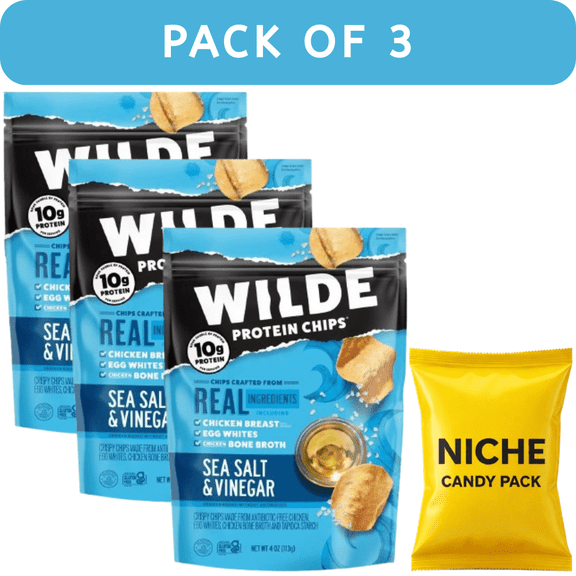 WILDE Protein Chips Sea Salt & Vinegar 4oz (3 Pack) + Free Candy Pack Included