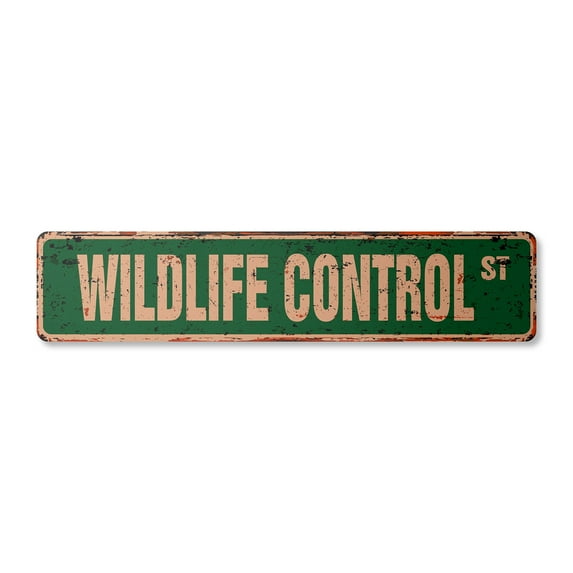 WILDLIFE CONTROL Vintage Aluminum Street Sign supplies rodent pest squirrels rabbits rustic metal tin | Indoor/Outdoor | 30" Wide
