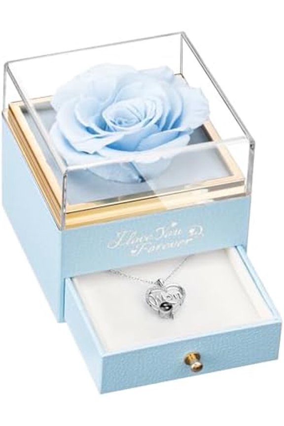 WILDLOVE Preserved Real Light Blue Rose with Mom Necklace - Gifts for Mother's Day, Christmas, Birthday Gifts for Mom - Long Lasting Forever Flowers Best Presents for Moms