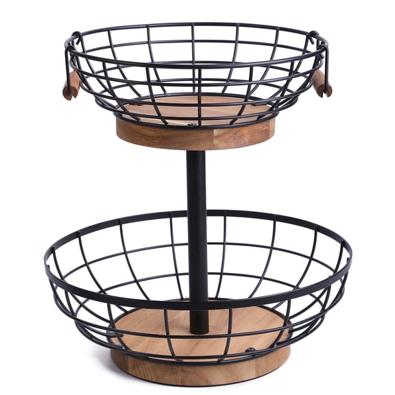 WILDMOS 2 Tier Iron and Acacia Wood Fruit Storage Basket with Banana Hanger, Brown