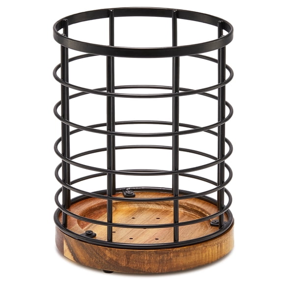 Utensil Holder for Kitchen Counter,Black Wire with Wooden Base Countertop Utensil Holder, Large Wooden Cooking Utensil Holder