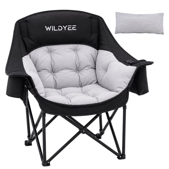 WILDYEE Oversized Extra Large Padded Camping Chair, Heavy Duty 500lbs Portable Folding Lounge Chair with Pillow Side Pocket Cup Holder Cooling Bag for Outdoor Sports Garden Beach Fishing Lawn, Black