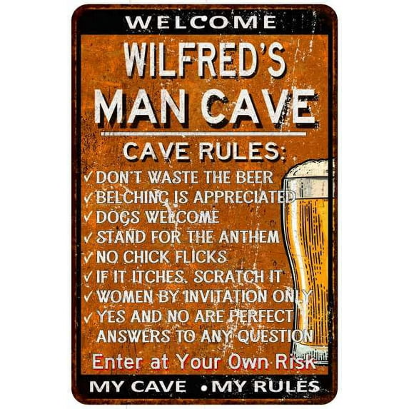 WILFRED'S Man Cave Rules Rusty Sign Garage Decor 8 x 12 High Gloss Metal 208120051452