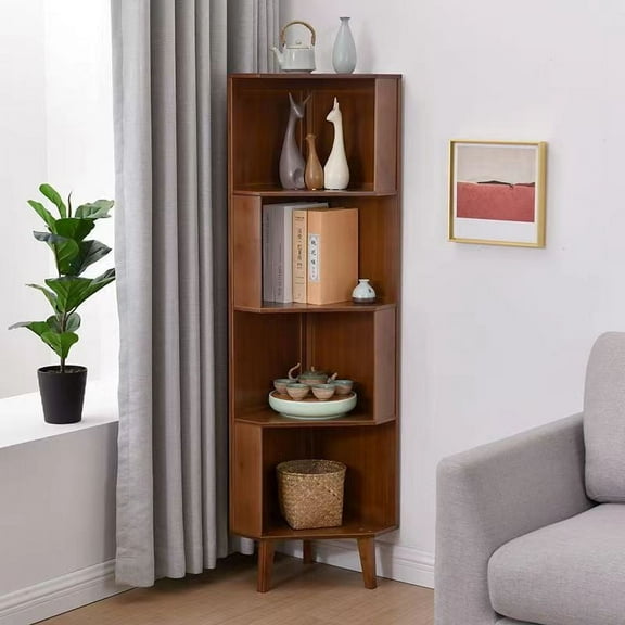 WILK 4-Tier Corner Bookshelf Bamboo Corner Bookcase, 58.4 Inch Tall Bookcase Cube,Wooden Open Storage Book Shelves Display Rack for Living Room, Home Office, Bedroom,Brown
