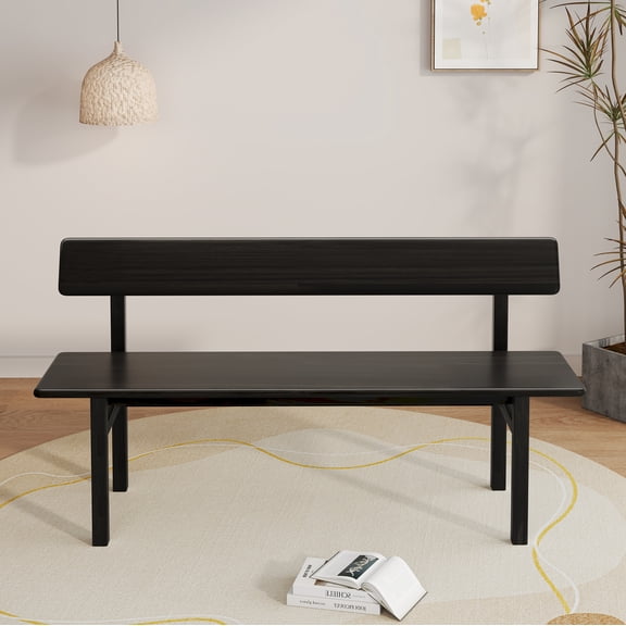 WILK 63 Inch Farmhouse Dining Bench, Solid Wood Entryway Bench, Wooden Outdoor Bench, Kitchen Dining Seat and Backrest, Dining Room, Home Office, Living Room Furniture, Black