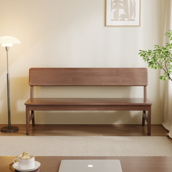 WILK 63" Long Dining Bench with Back, Modern Entryway Bench, Solid Wood Benches for Living Room, Kitchen, Balcony, Hallway, Walnut
