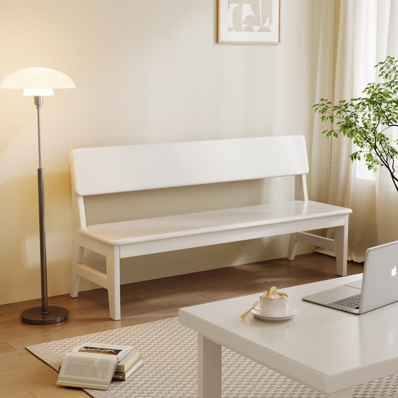 WILK 63" Long Dining Bench with Back, Modern Entryway Bench, Solid Wood Benches for Living Room, Kitchen, Balcony, Hallway, White
