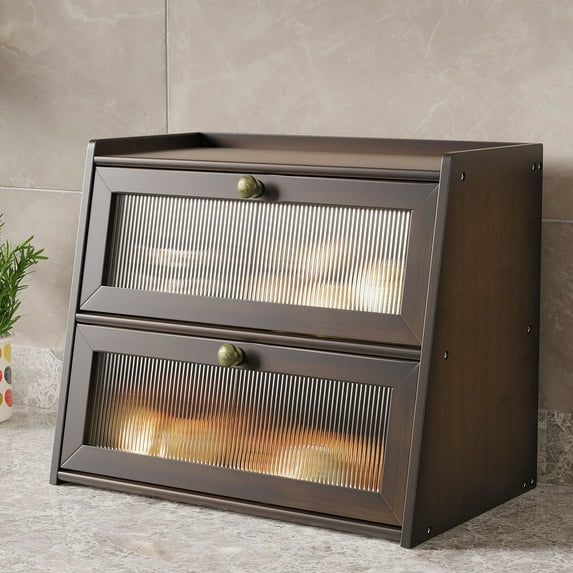 WILK Double Layer Bamboo Bread Box,Wooden Large Capacity Bread Box for Kitchen Counter, Bamboo Bread Storage Container with Wavy Arcylic Transparent Window (Brown)