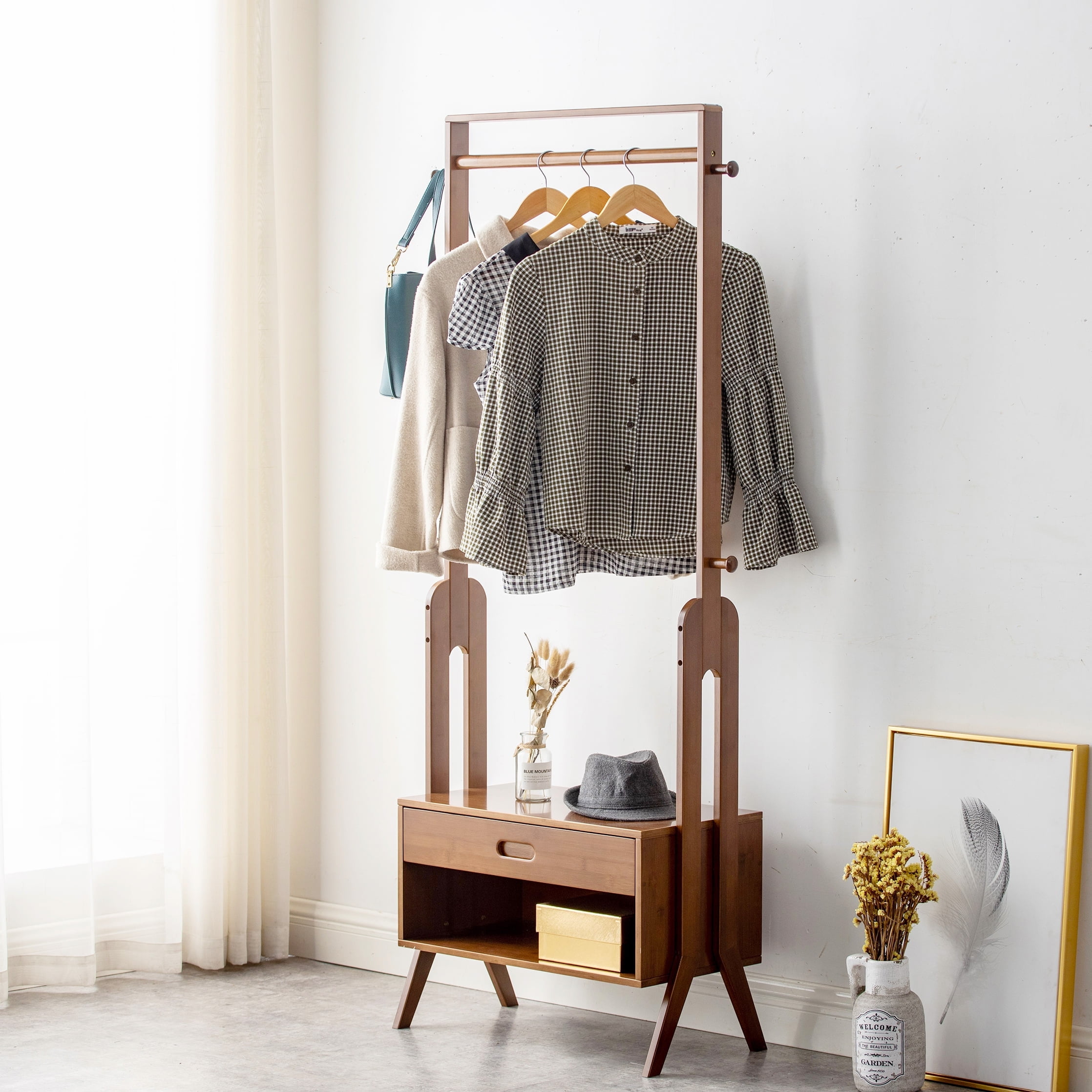Drawer Rack Clothes WILK Freestanding Bamboo Clothes Rack, Closet Garment Rack with Drawer ...