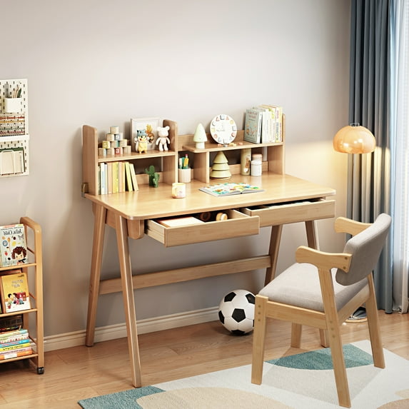 WILK Kids Desk , Solid Wood Children Study Desk with Chair, Reading Homework Drawing Table Writing Desk Computer Station Built-in Bookshelf Hutch and Storage Drawers (Natural)