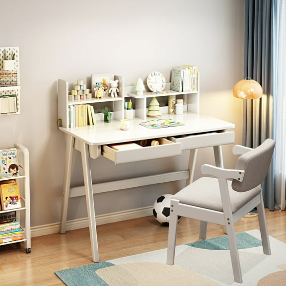 WILK Kids Desk , Solid Wood Children Study Desk with Chair, Reading Homework Drawing Table Writing Desk Computer Station Built-in Bookshelf Hutch and Storage Drawers (White)