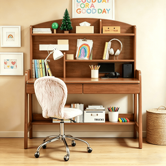 WILK Kids Desk with Hutch, Student Writing Study Desk with Drawers and Shelves, Wooden Homework Station for Bedroom, Walnut