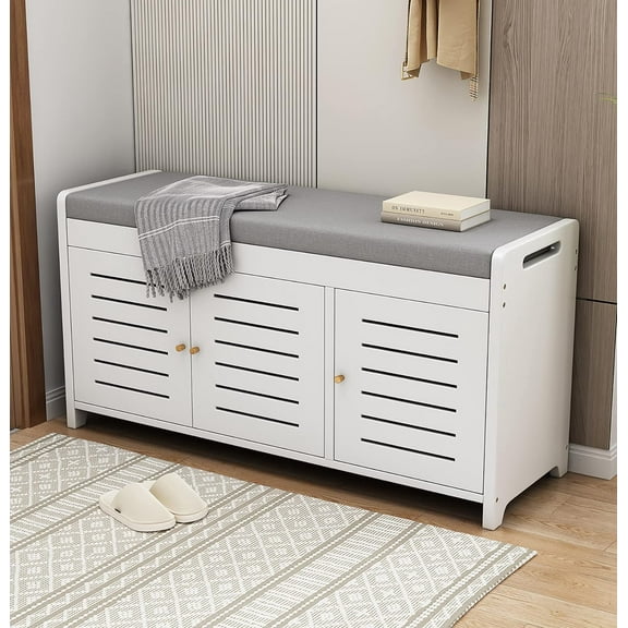 WILK Shoe Storage Bench with 3 Door Cabinet, Entryway Bench with Shoe Storage, Bamboo Shoe Bench with Padded Cushion, Shoe Rack Bench for Entryway, Hallway, Bedroom, White