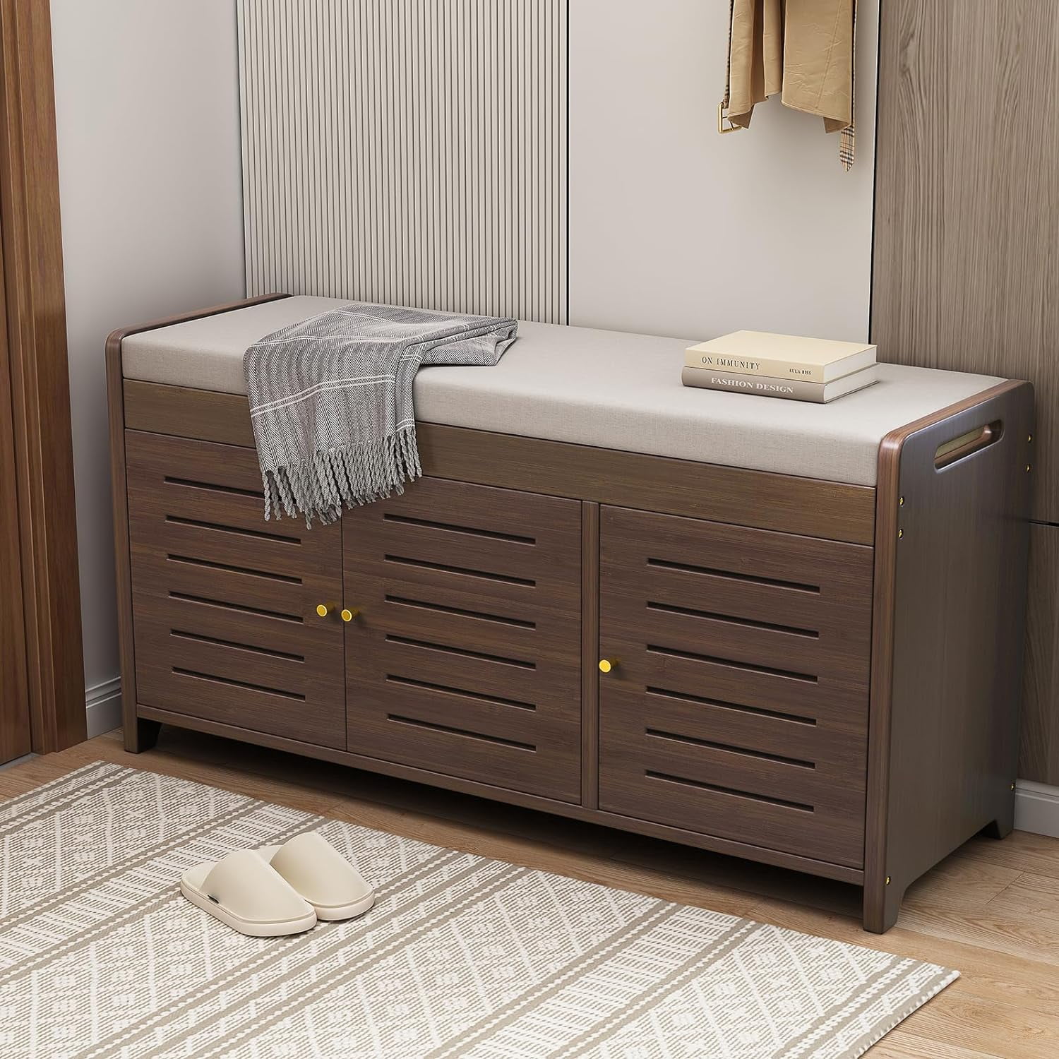 WILK Shoe Storage Bench with 3 Door Cabinet, Entryway Bench with Shoe  Storage, Bamboo Shoe Bench with Padded Cushion, Shoe Rack Bench for  Entryway, 