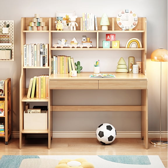 WILK Solid Wood Kids Study Desk Drafting Table Student's Computer Station and Writing Desk with Multiple Bookshelf, Drawer and Large Desktop (Nature)