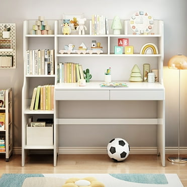 WILK Solid Wood Kids Study Desk  Drafting Table Student's Computer Station and Writing Desk with Multiple Bookshelf, Drawer and Large Desktop (White)
