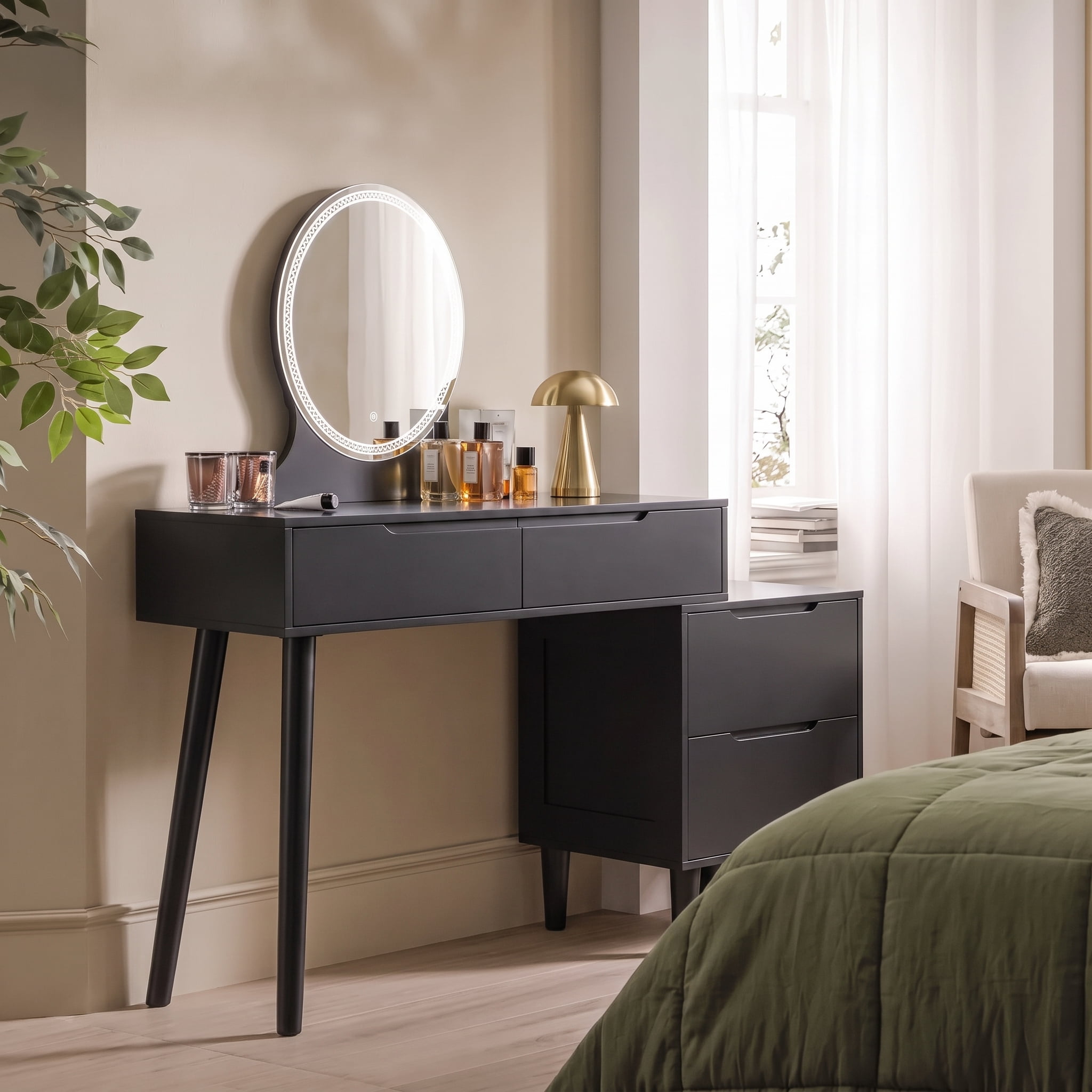 WILK Solid Wood Makeup Vanity Set with Lighted Mirror & Stool, 4-Drawer ...
