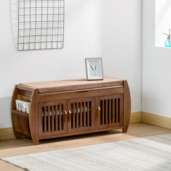 WILK Storage Bench, Shoe Bench Entryway Bench with Side Holder and Padded Cushion, Farmhouse Boho Bench with Storage for Hallway, Living Room, 2-Tier Shoe Rack Organizer with 3 Door Cabinet, Brown