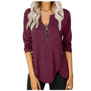 WILLBEST Black Blouse Long Sleeve Sexy Women Round Neck T Shirt with Button Rate Print Short Sleeve Asymmetrical Tops Solid Color Blouse