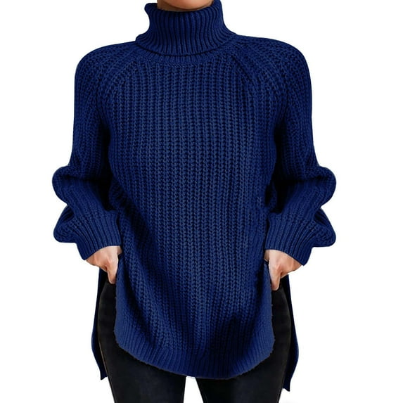 WILLBEST Fall Shirts for Women Plus Size Women's Fashion High Neck Solid Color Pullover Knit Sweater with Split Hem and Bell Sleeves